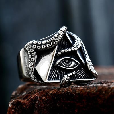 Retro Roestvrij Staal Alziend Oog Met Octopus Ring Voor Mannen Vrouwen Vrijmetselaar Illuminati Driehoek Vrijmetselaarsringen Sieraden Cadeaus 10 black