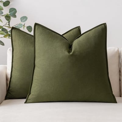 Famanu - Kussensloop, sierkussen, linnen, katoen, decoratieve kussenslopen, wasbaar, bankkussens met verborgen ritssluiting, voor woonkamer, slaapkamer, bank, set van 2, 50 x 50 cm, olijfgroen
