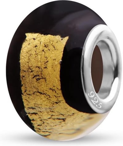 Quiges - 925 - Sterling - zilver - Glazen - Kraal - Bedels - Beads - Zwart met Gouden Slinger - Past op alle bekende merken - Armband GZ196
