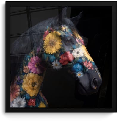 Poster in lijst - Fotolijst 40x40 cm - Posters - Paard - Bloemen - Zwart - Posterlijst zwart - Decoratie - Wanddecoratie woonkamer - Muurdecoratie slaapkamer