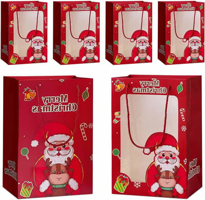 Middelgrote Kerstcadeautassen met Venster en Handvatten, Herbruikbaar voor Snoep en Feestjes, Set van 6, 20 x 15 x 30 cm