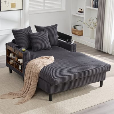 OKWISH Chaise Longue 129 x 170 cm - Met LED, USB, Opbergruimte en Bekerhouders - Voor Woonkamer of Balkon - Corduroy - Donkergrijs