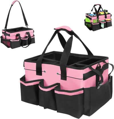 Schoonmaak Caddy Organizer, Vouwbare en Draagbare Schoonmaakoplossing met Handvat en 5 Vakken, Waterdichte Oxford Tas voor Tuin Gereedschap, 40 x 23,5 x 27,5 cm, Roze