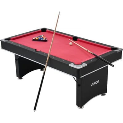 VEVOR Pooltafel 183 cm Moderne speeltafel met verstelbare poten, complete set inclusief ballen / keuen / standaard / krijt / borstel, voor speelkamer recreatiekamers zwart met rood laken