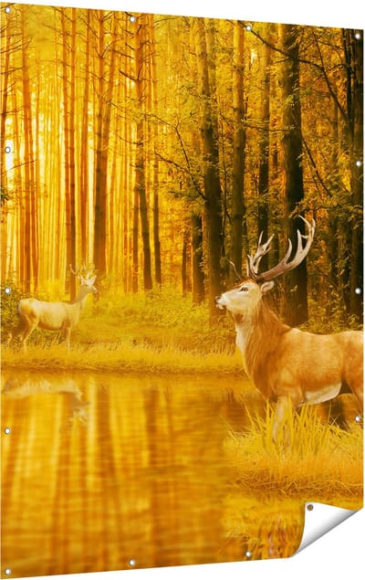 Gards Tuinposter Twee Herten in het Bos bij het Water - 120x160 cm - Tuindoek - Tuindecoratie - Wanddecoratie buiten - Tuinschilderij