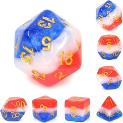 Polyset Dice | Dobbelstenen - Set Van 7 Stuks - Rood Wit Blauw en Goud Glitters | Polydice | Voor D&D en Andere Rollenspellen | Plastic Dobbelstenen Set voor Dungeons and Dragons | Polyhedral Dice Set | Zwarte Velvet Dice Bag voor Ongeveer 3 Sets
