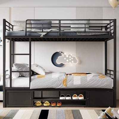 Stapelbedden - 90x200cm - Eisen Etagenbed Met Open Schoenkast en Dubbeldeurs Opslagkast - Kinder- en Jeugdbed - Metaal - Zwart