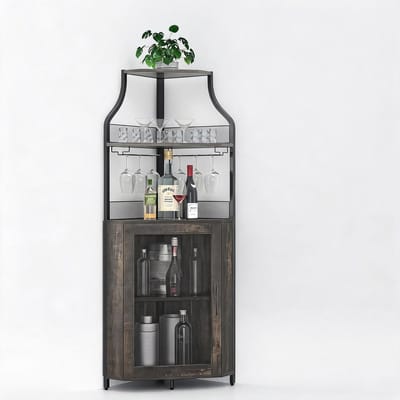 Wijnkast voor-Hoge hoek barkast met led verlichting en stopcontact, wijnrek, vrijstaande display kast, 154x47x13cm drankenkast met glashouder voor woonkamer en keuken