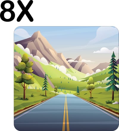 Luxe Placemat - Getekend - Weg door Vallei met Bergen - Set van 8 Placemats - 50x50 cm - 2 mm dik Vinyl - Anti Slip - Afneembaar