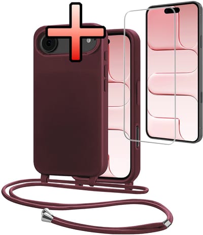 Hoes Geschikt voor iPhone Air Met Telefoonkoord Met Screenprotector - Siliconen Hoesje Backcover Met Ketting - Aubergine