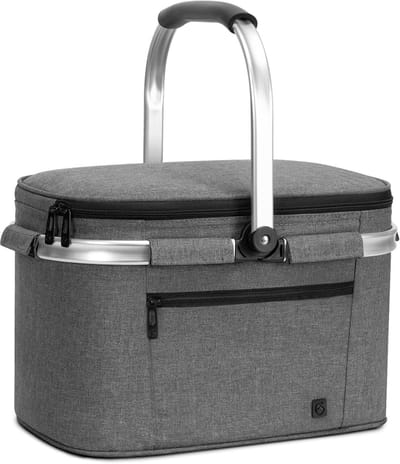 Famanu - Koeltas – Geïsoleerde Boodsch Appenmand met Deksel, Koelbox, Uitneembare Picknickmand Voor 4 Personen, Dikke Thermische Mand met Aluminium Frame(grijs)