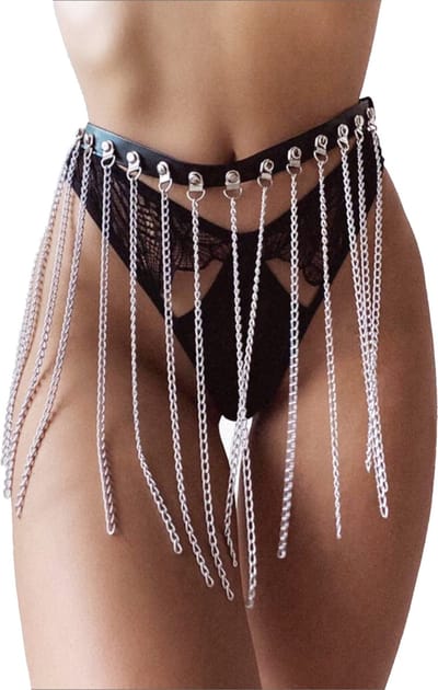 KIMU® Riem Zwart met Kettinkjes - Zwarte PU Leer Buikketting Sexy Lederen Choker Ketting Leren Buikketting Dames Punk Swinger Gothic Taille Tailleriem Festival