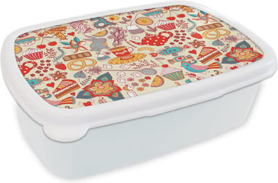 Broodtrommel Wit - Lunchbox - Brooddoos - Thee - Dieren - Snoepgoed - Regenboog - Patronen - 18x12x6 cm - Volwassenen