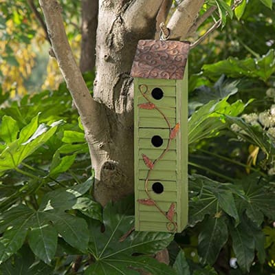 3-laags hangend vogelhuis met houten luiken - 45 cm hoog, groen