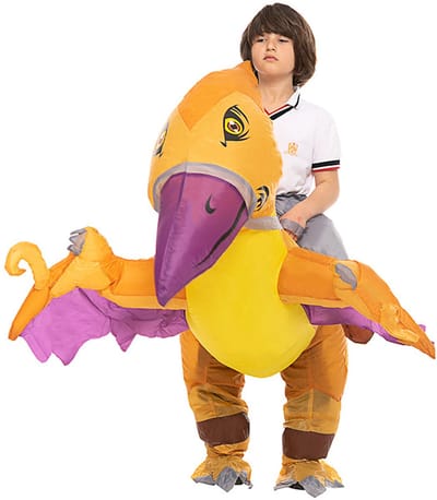KIMU® Opblaas Kostuum Kinderen Rijdend op Pterosaurus - Maat 80 86 92 98 104 110 116 122 - Opblaasbaar Pak - Dinopak Mascotte Opblaaspak - Opblaasbare Dinosaurus Vliegende Dino Festival