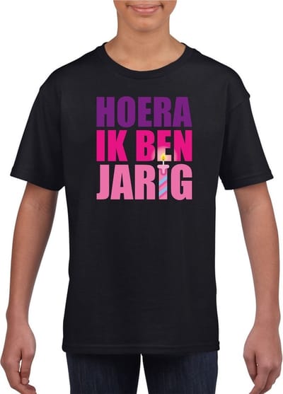 Verjaardag T-shirt voor meisjes - hoera ik ben jarig - roze tekst - zwart - jarige jop 110/116