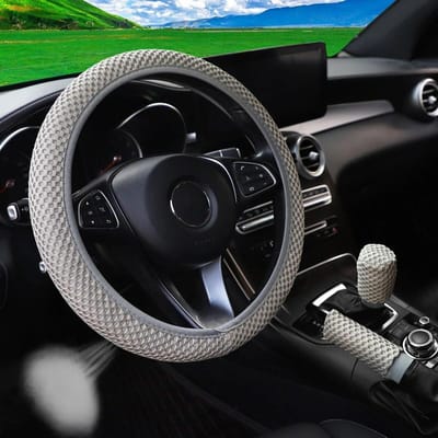 3-delige Massage Mesh Doek Ademend Auto zonder Binnenring Stuurwielhoes Handremhoes Handgreepovertrek 14,5-15INCH