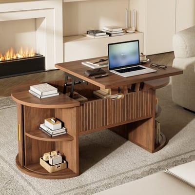 PHOEBE CAT Salontafel - Verstelbaar tafelblad - Opbergplank - Schuifdeuren - Walnoot afwerking - Bruin