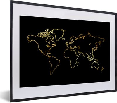 Poster in lijst - Fotolijst 40x30 cm - Posters - Gouden wereldkaart op een zwarte achtergrond - Posterlijst zwart - Decoratie - Wanddecoratie woonkamer - Muurdecoratie slaapkamer