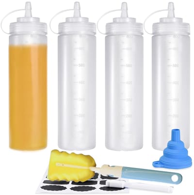 Dailygoods- Knijpfles 800ml - 4 Stuks - Herbruikbare Sausfles - Kunststof - Dicht Sluitend Deksel - Geschikt voor Koken/Sauzen - Sauzenfles