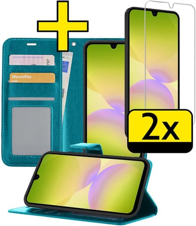 Hoesje - Met 2x Screenprotector - Geschikt voor Samsung Galaxy A26 - Luxe Pasjeshouder - Bookcase Portemonee - Flip Case - Kunstleer Book Case - Flipcase Hoes - Book Cover - Walletcase - Portemonneehoes - Telefoonhoesjes - Turquoise