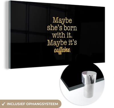 MuchoWow® Glasschilderij 40x20 cm - Schilderij acrylglas - Quotes - Koffie - Goud - Zwart - Foto op glas - Schilderijen