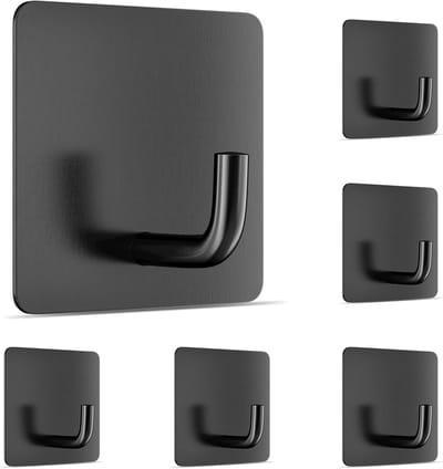 Set van 6 zwarte roestvrijstalen zelfklevende muurhaken – boorloos voor badkamer, keuken, plafond, deuren en badjassen
