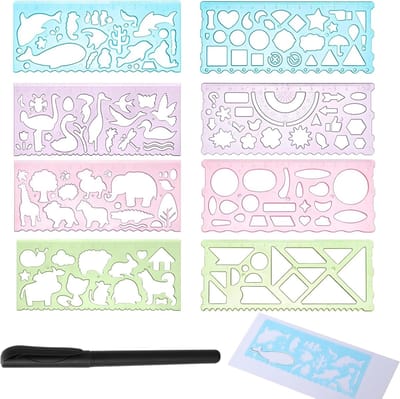 Set van 8 Schilder Stencils voor Kinderen met 15 cm Liniaal, Plastic Sjablonen met Dierenontwerpen en Geometrische Vormen, Creatief Tekenhulp voor Peuters en Basisschoolkinderen