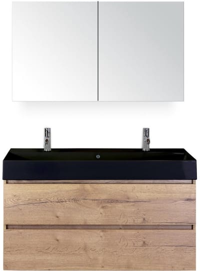 Maxx XL Badmeubelset 120 cm - Natuur Eiken - Wastafel Kube Enkel Zwart 2 Kraangaten met Spiegelkast