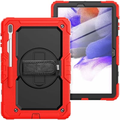 Hoes met ingebouwde Screenprotector Geschikt voor Samsung Galaxy Tab S8 Plus / S7 Plus / S7 FE | Inclusief Handriem en Schouderriem | Extreme bescherming | Ideaal voor zakelijk gebruik | Rood
