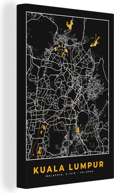Canvas Schilderij Kuala Lumpur - Stadskaart - Plattegrond - Goud - Kaart - 20x30 cm - Wanddecoratie