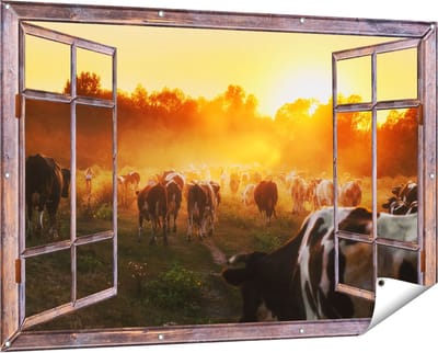Gards Tuinposter Doorkijk Kudde Koeien in Weiland bij Zonsondergang - 150x100 cm - Tuindoek - Tuindecoratie - Wanddecoratie buiten - Tuinschilderij