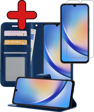 Hoesje - Met Screenprotector - Geschikt voor Samsung Galaxy A34 - Luxe Pasjeshouder - Flipcase - Bookcase Portemonee - Flip Case - Kunstleer Book Case - Book Cover - Walletcase - Portemonneehoes - Telefoonhoes - Donkerblauw