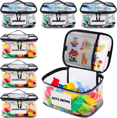Een set van 6 transparante opbergtassen voor speelgoed met naamlabels en vakjes voor instructies. Waterdichte, transparante PVC-opbergtassen, geschikt voor LEGO-stenen, bordspellen, bouwblokken en puzzels (grote capaciteit, zwart).