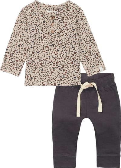 Noppies - Kledingset - 2 delig - Broek antraciet grijs - Shirt Taupe met panterprint - Maat 50