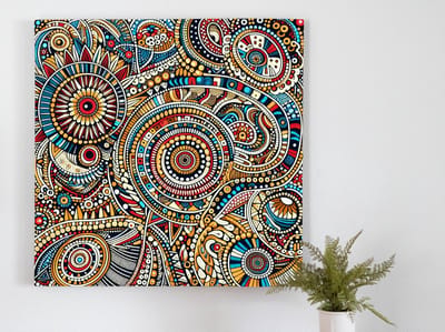 Doodle aboriginal schilderij | Aboriginal-inspired doodle masterpiece capturing the essence of tribal art | Kunst - 100x100 centimeter op Dibond | Foto op Dibond