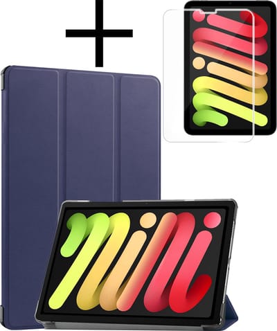 Hoes - Geschikt voor Apple iPad Mini 7 (2024) - 8.3 inch - 7e Generatie - Met Screenprotector - Trifold Bookcase - Hard Cover - Hardcover Book Case - Tablet Hoesje - Donkerblauw