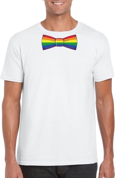 Wit t-shirt met regenboog strikje heren - LGBT/ Gay pride shirts S
