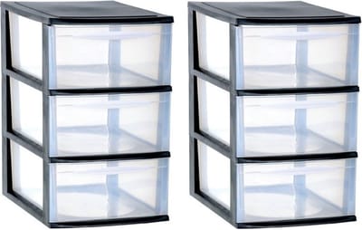 EDA Ladenkast/bureau organizer - 2x stuks - zwart - stapelbaar - A4 formaat - met 3 lades - L26 x B36 x H41 cm - Ladenblokken