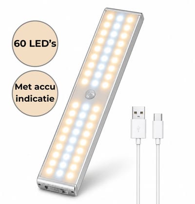 AXIMO Kastverlichting met Bewegingssensor – USB oplaadbaar en Accu indicatie - 60 LED Warm White/Cool White - Keukenverlichting onderbouw - Instelbare sterkte - Draadloos