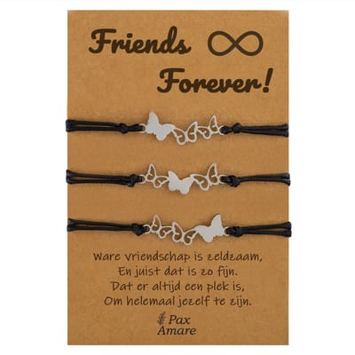 Vriendschapsarmbandjes voor 3 " Friends Forever ∞" - Vlinders - BFF Armbandjes met Persoonlijk Cadeau Kaartje - Zilverkleurig - Elastisch Verstelbaar - Pax Amare