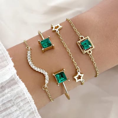 Armbanden Set Goudkleurig - Groene Stenen - Stars - 4 delig