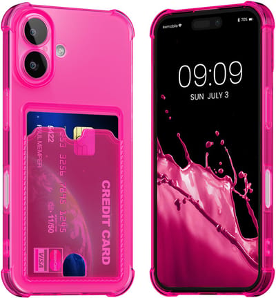 kwmobile Hoesje met kaarthouder voor Apple iPhone 16 - telefoonhoesje met kaartsleuf - Soft Case - beschermhoesje in neon roze / transparant