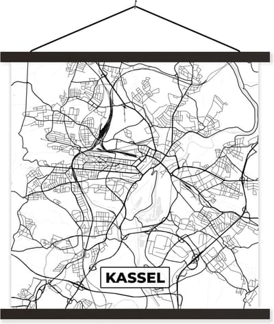 Posterhanger incl. Poster 60x60 cm - Schoolplaat - Kassel - Plattegrond - Kaart - STadskaart - Textielposter - Zwarte latten - Stadskaart