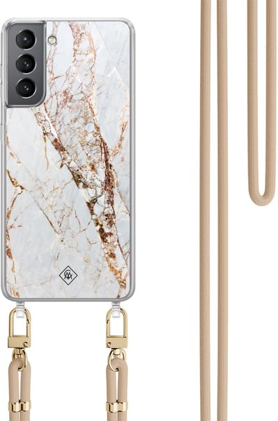 Casimoda® hoesje met beige koord - Geschikt voor Samsung S21 Plus - Marmer Goud - Afneembaar koord - TPU/polycarbonaat - Goudkleurig