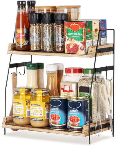 Houten Keuken Organizer met 2 Lagen, Koffie Bar Rek met Haken, Specerijen en Opslag Rack voor Keuken en Kantoor - Bruin