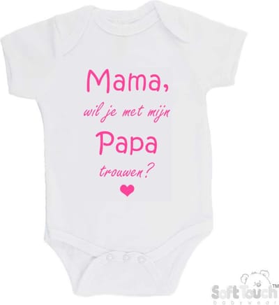 100% katoenen Romper "Mama, wil je met mijn Papa trouwen?" Meisjes Katoen Wit/roze Maat 62/68