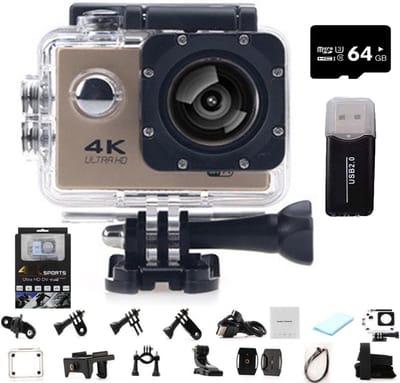 4K-actiecamera, verbeterde versie 2026 met 170° ultragroothoeklens en wifi, waterdichte sportvideocamera voor buiten, geschikt voor fotografie en duiken (goud, 64 GB)