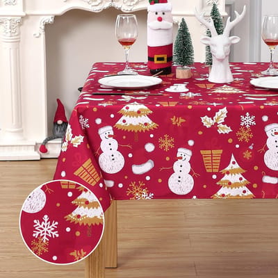 Kerst Tafelkleed Vierkant 137 X 137 Cm - Rood Tafelkleed Met Sneeuwpop En Kerstboom - Waterdicht Polyester 180 Gsm - 54 X 54 Inch Kerstkleed Voor Eettafel En Bijzettafel