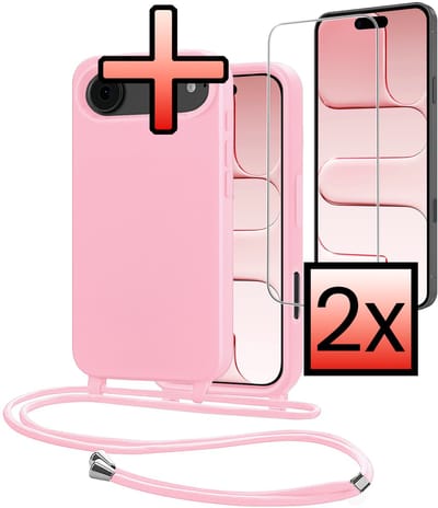 Hoes Geschikt voor iPhone Air Met Telefoonkoord Met 2x Screenprotector - Siliconen Hoesje Backcover Met Ketting - Lichtroze